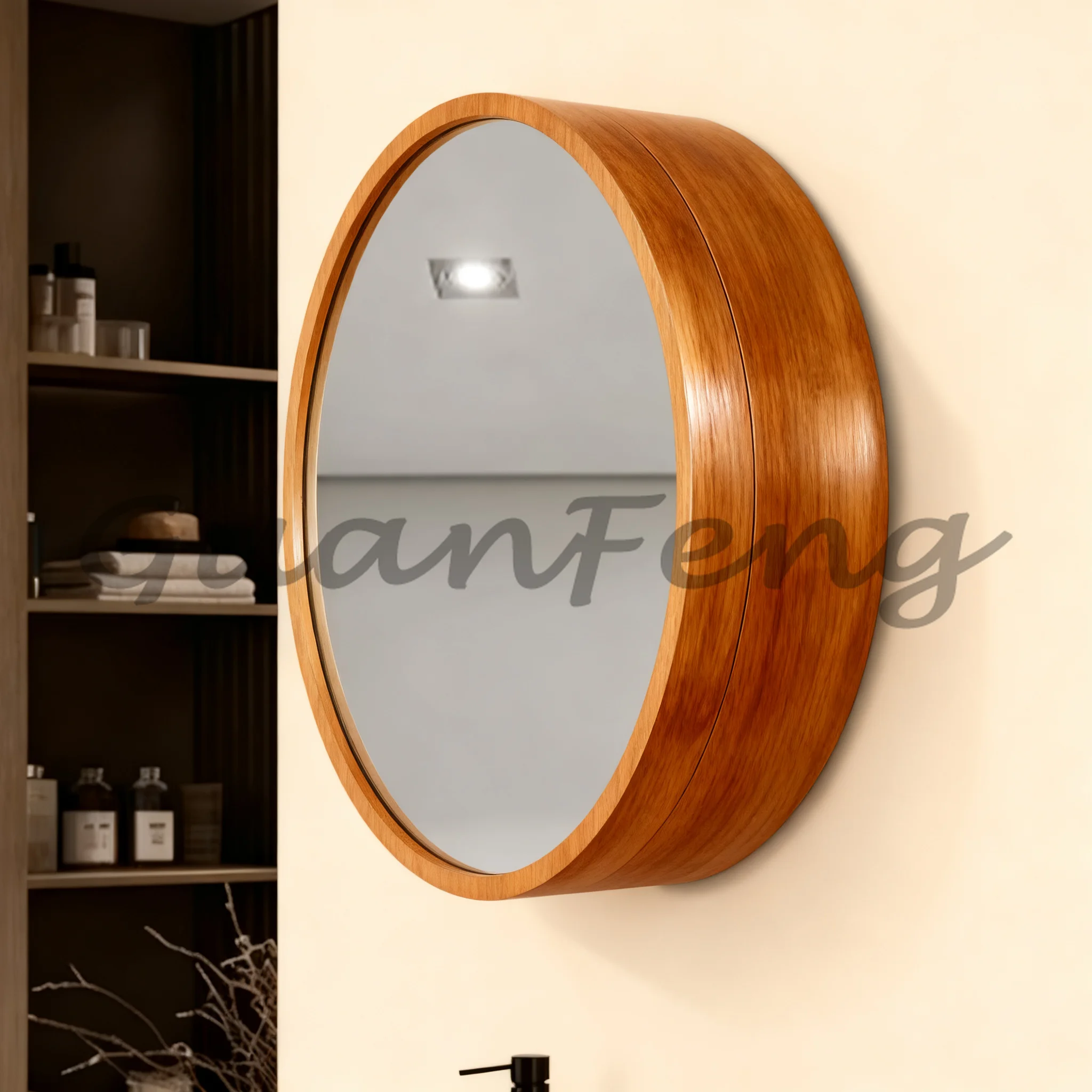 Wall Mounted Round LED Bathroom Makeup Mirror, Solid Wood Smart Mirror Storage Cabinet for Bathroom