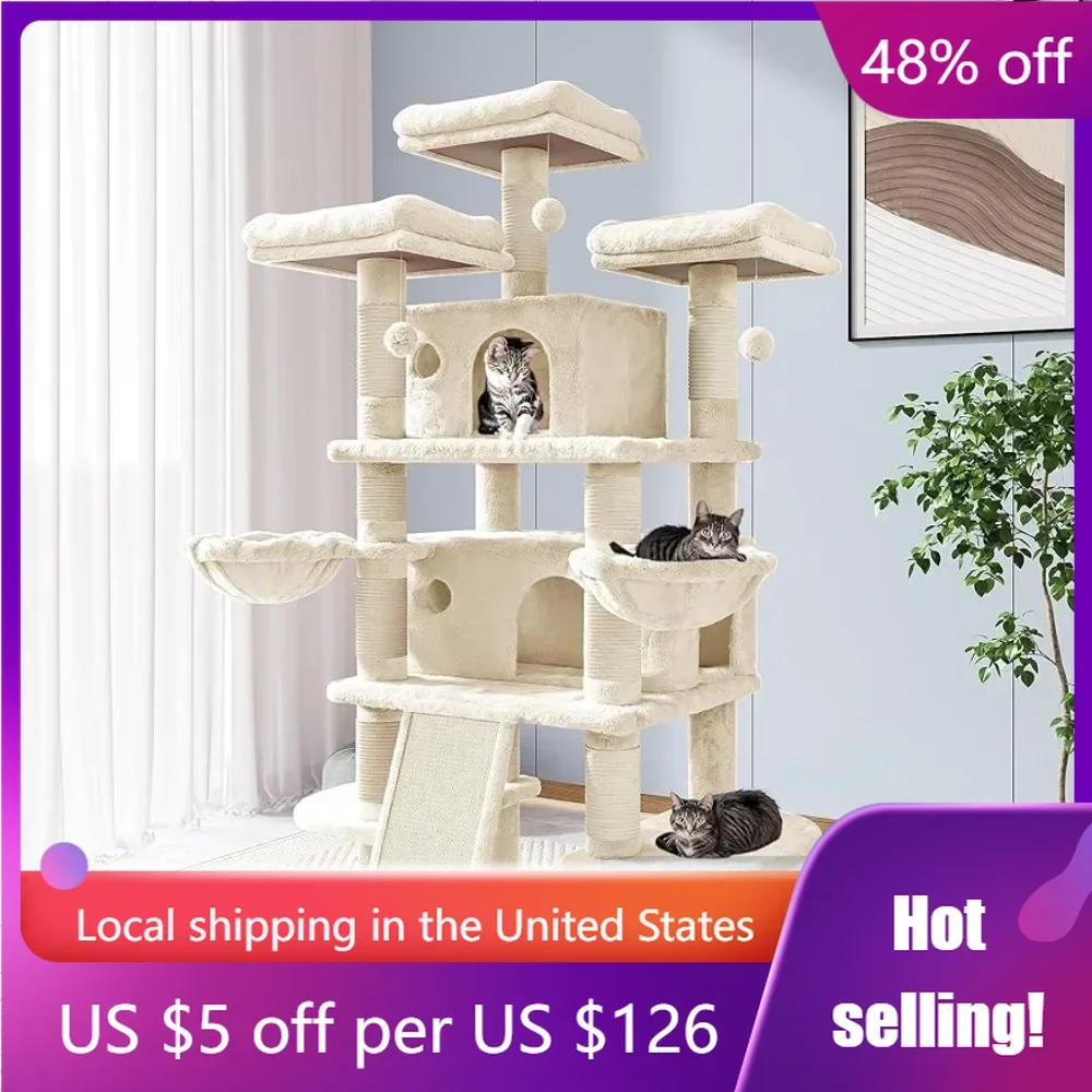 

68 Inches Cat Tree/Cat Tree House and Towers Cat Condo/Cat Tree Scratching Post/Multi-Level Large Cat Tree/Beige Freight free