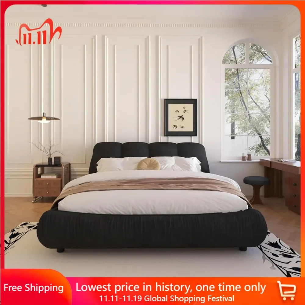 

Queen Size Bed Frame with Wooden Slats Support, Contemporary Upholstered Beds, Oversized Padded Backrest Bed Frames