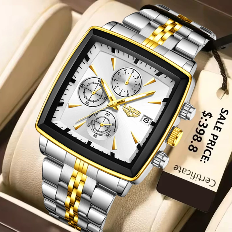 

LIGE New Square Chronograph Watch for Men Stainless Steel Waterproof Quartz Men's Watches Fashion Luminous Wristwatch Male Clock