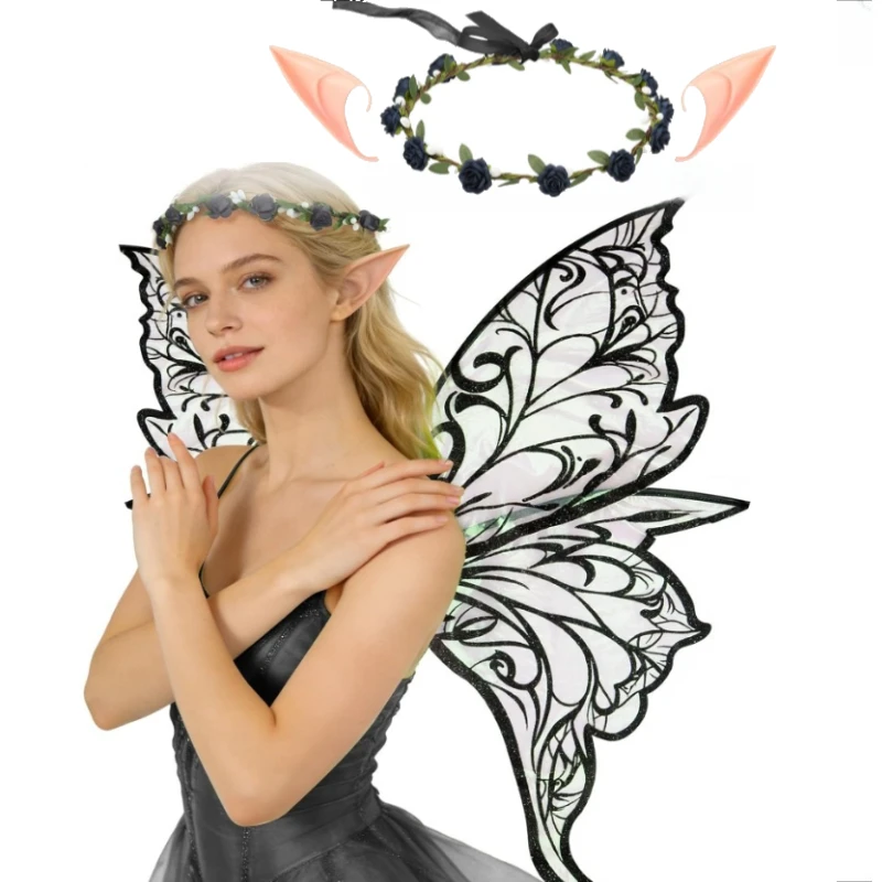 

Fairy Sparkling Wings Costume for Adult Women,Elf Ears,Floral Crown Angel Fairy Festival Halloween Cosplay Costume Prop Gift