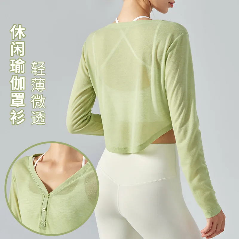 

Spring and summer loose V-neck yoga blouse long-sleeved t-shirt casual pendant fitness top light hollow sports blouse