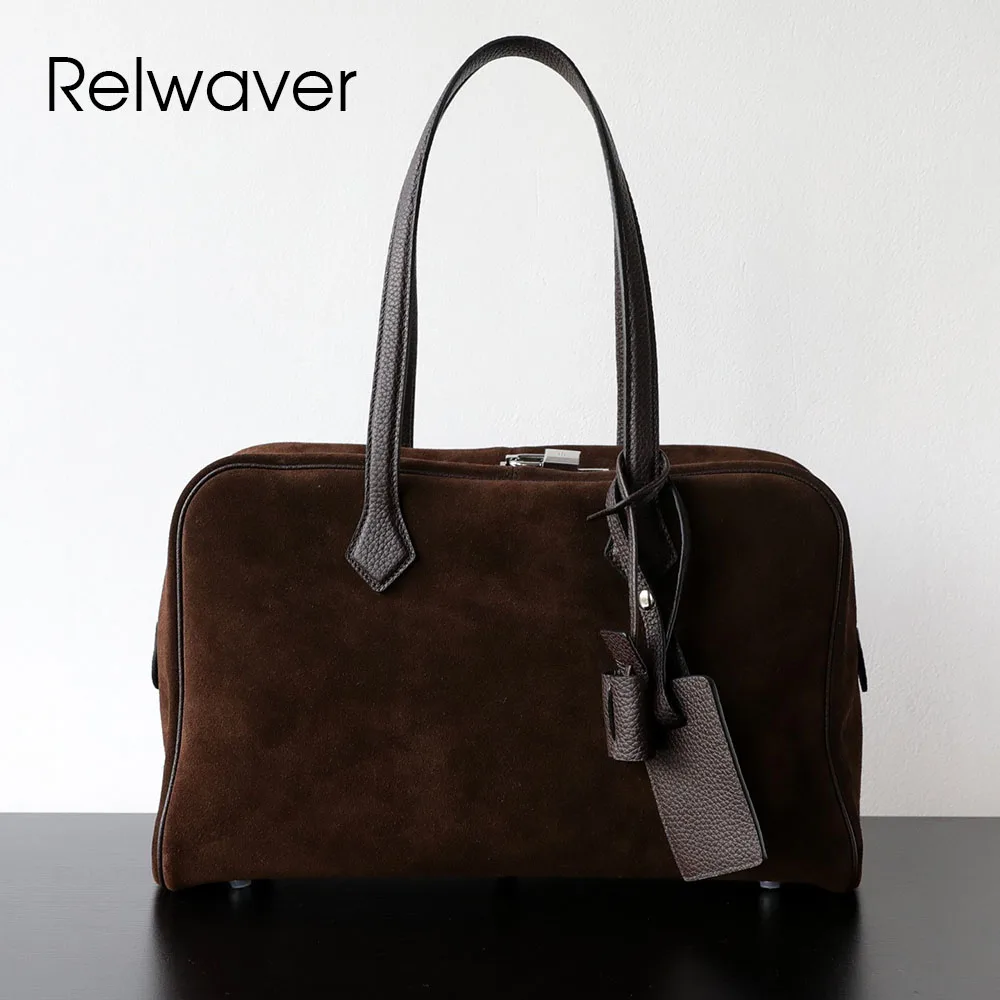 

Relwaver women handbag suede cowhide Boston bag fashion underarm bag soft commuting ladies handbags 2026 spring trend women bag