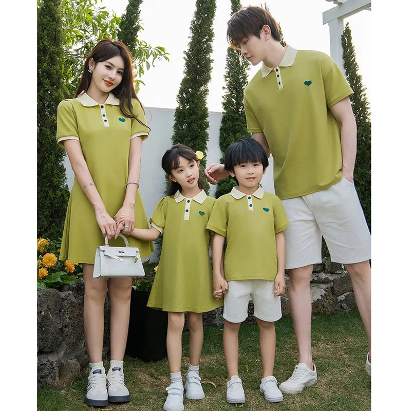 2024 Summer Family Look Matching Green Clothing Mother and Daughter Girl Equal Dress Women Dresses Father Son Polo Shirt Outfits