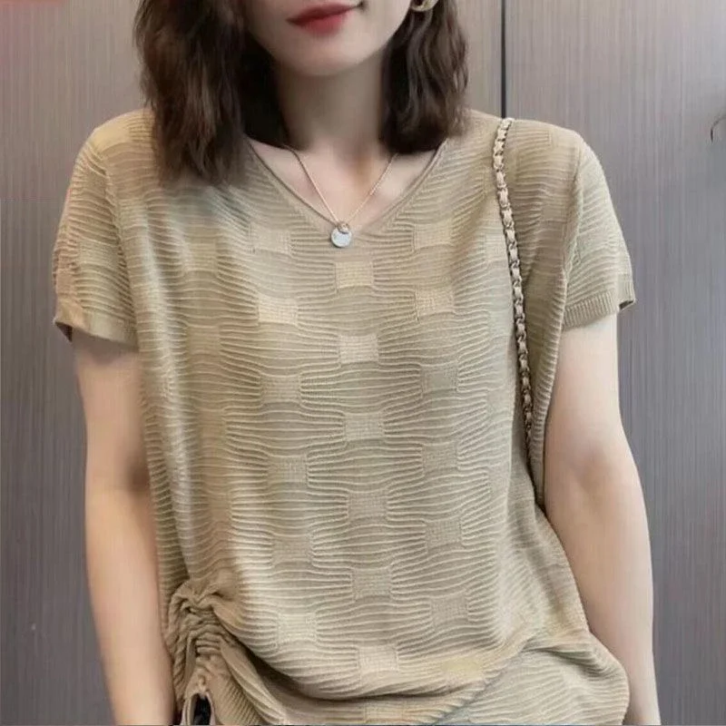 

Casual Fashion Drawstring Loose All-match Knitting T-shirt Female Solid Color V-neck Short Sleeve Pullovers Tee Top Women P191