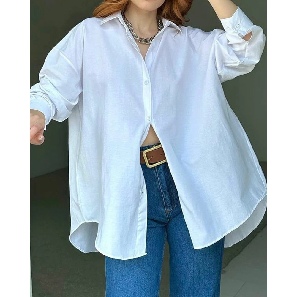 

Women Fashion Casual Back Split Loose Long Sleeve Shirt Asymetrical Blouse Autumn Workwear Office Lady Buttoned Shirt Steetwear