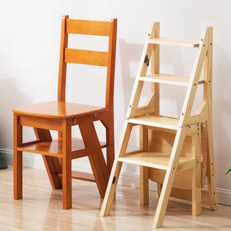 Solid Wood Step Stools Multifunctional Folding Step Ladders Living Room Backrest Chairs Portable Ladder Stool Modern Furnitures