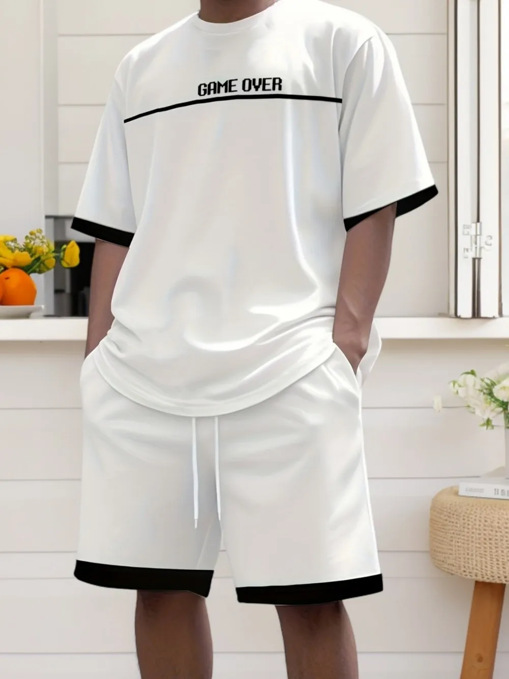 Men's fashionable breathable round neck sports T-shirt shorts set with striped letter print pattern outdoor casual top