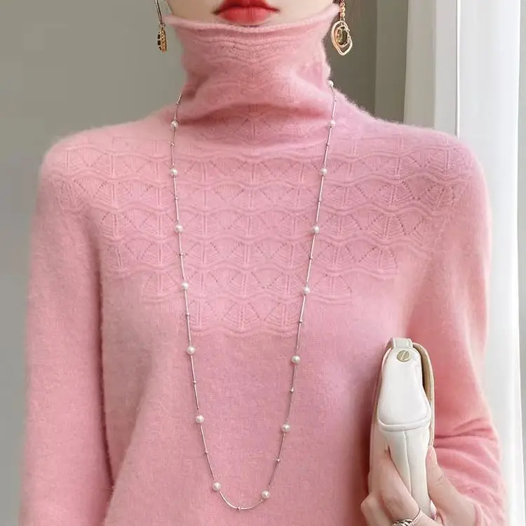 First-line ready-to-wear pure wool commuter wind pile collar sweater women's loose sweater high-grade slim warm top