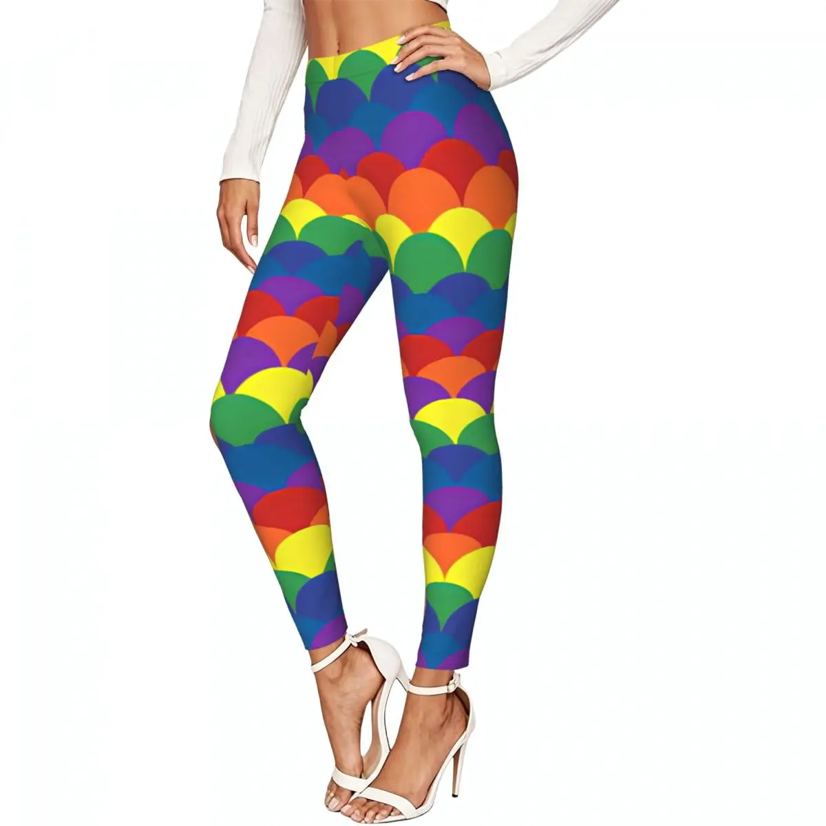 Ladies Elastic Waist Skinny Leggings Rainbow Fish Scale Background Trousers For Daily Outdoor