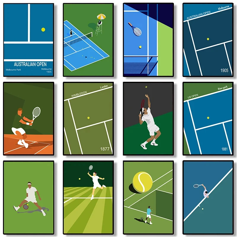 Minimalist Tennis US French Open Sport Poster Print Canvas Painting, Nordic Modern Wall Art for Living Room, Home Decor