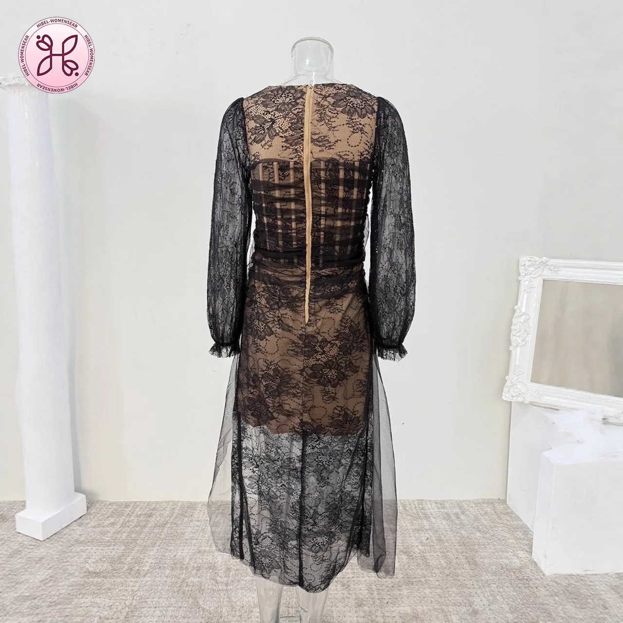 فستان دانتيل مشد فاخر - فستان ماكسي شبكي شفاف بأكمام طويلة (ملابس رسمية للسهرة الأنيقة للنساء) #3