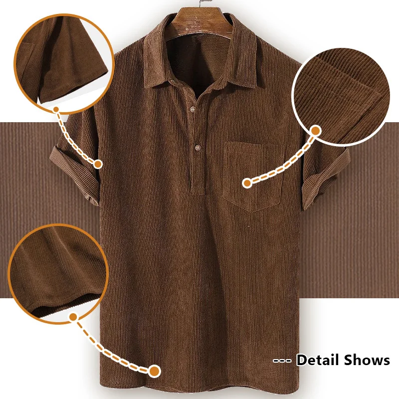 New Fashion Brown Corduroy Shirts for Men camisa masculina Mens Short Sleeve Button Up Shirt