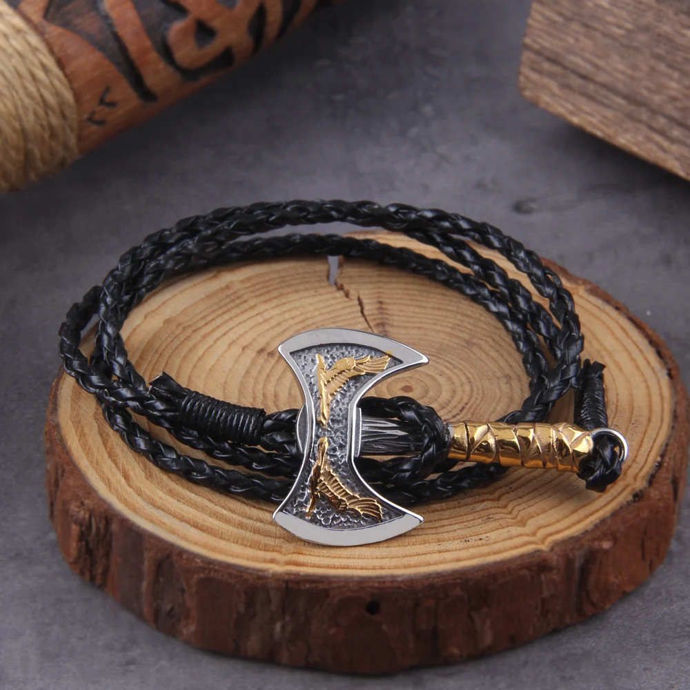 Mens Axe Viking Bracelet Irish Knot Hatchet Handmade Braided Multilayer Leather Pirate Bracelet For Male Hand Jewelry