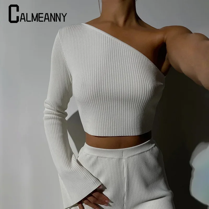 

Korean Edition Women's Slim Blouse 2024 Autumn New Style Shoulder Crop Tops Long Sleeve Sexy Knitwear Shirts Ruffles Pullovers