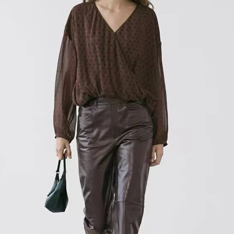 

Spring 2026 Women Long Sleeve Cross V Neck Polka Dot Blouse Casual Summer Tops