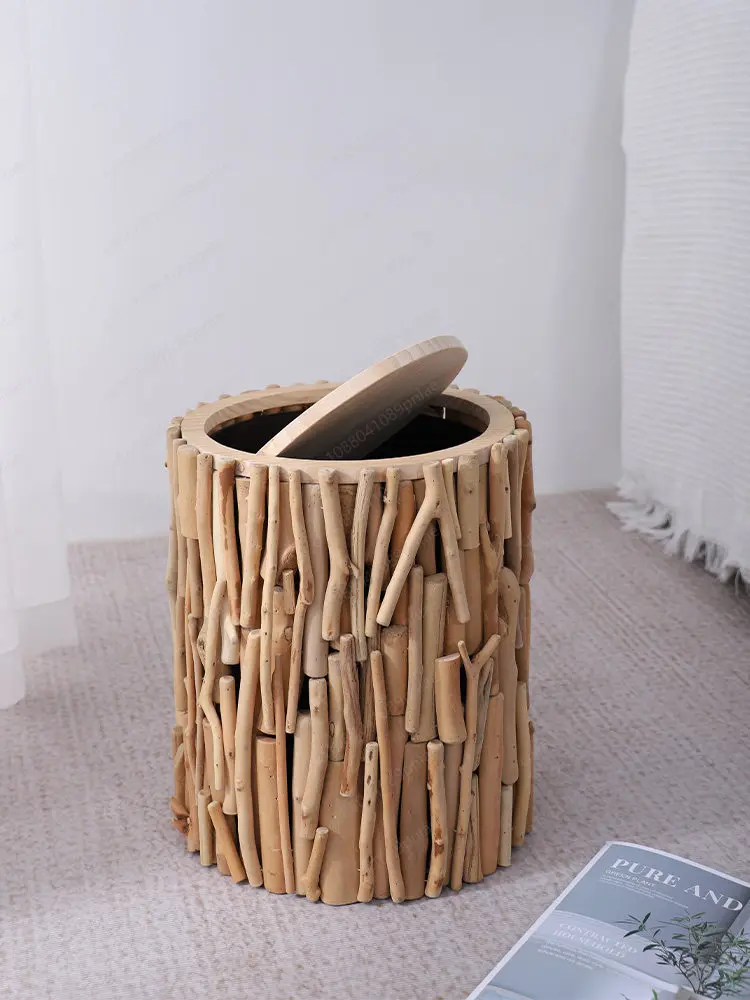 Nordic-style Log Trash Can High-end Living Room Model with Lid B&B Office Creative Basket