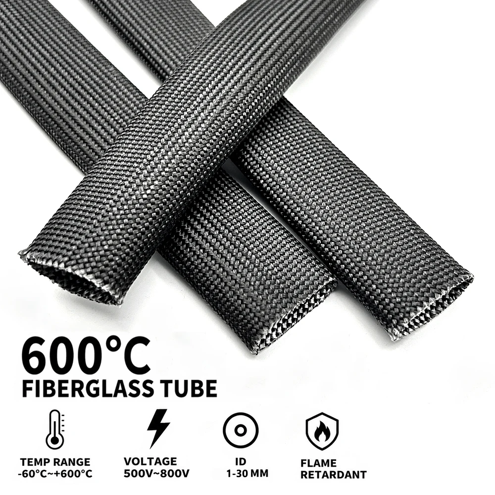 Black 600 deg C glassfiber sleeve ID 0.5/1/1.5/2/2.5/3/3.5/4/5/6/7/8/9/10/12/14/16/18/20/25/30/35mm Wire harness protection tube