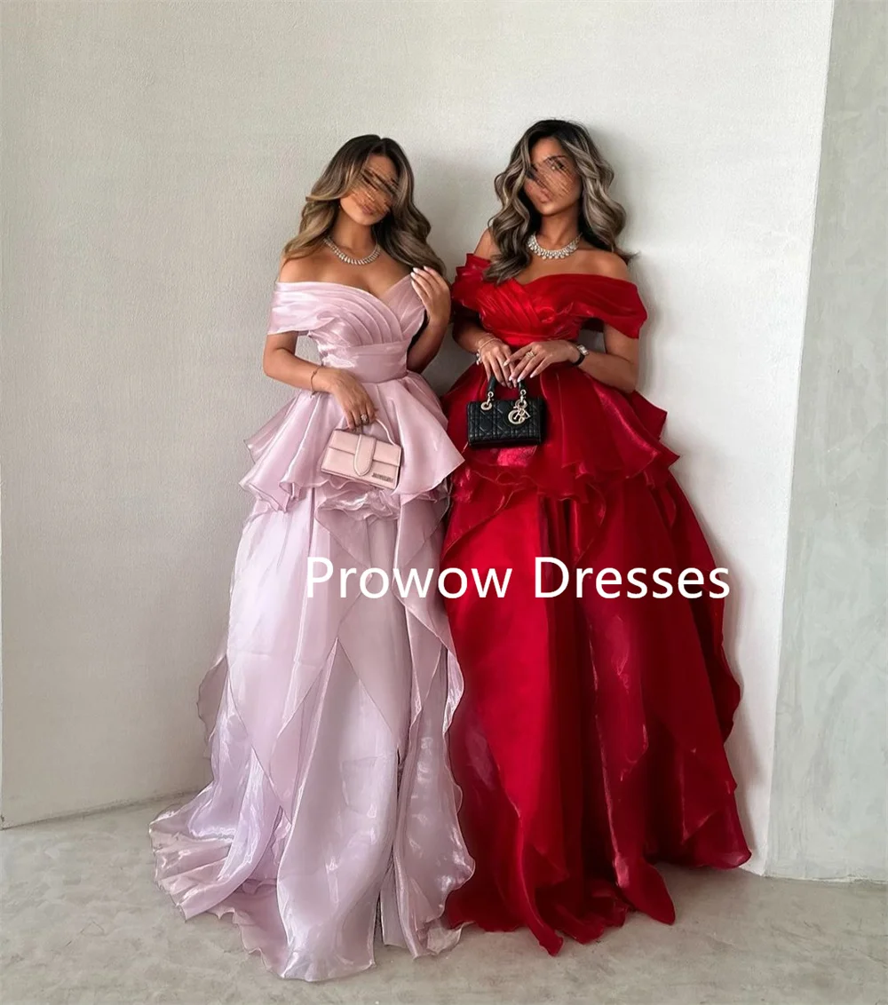 Prowow-vestido de noche árabe modesto, rojo y rosa, plisado de Organza de seda, vestido de fiesta de boda personalizado para mujer, vestido Formal largo de línea A