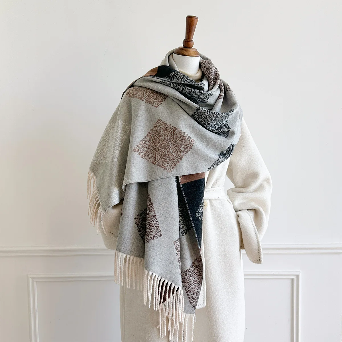 Ladies Soft Faux Cashmere Blanket Scarf Playful Puppy Figure Jacquard Print Double Sided Fringe Oversized Stylish Daily Shawl