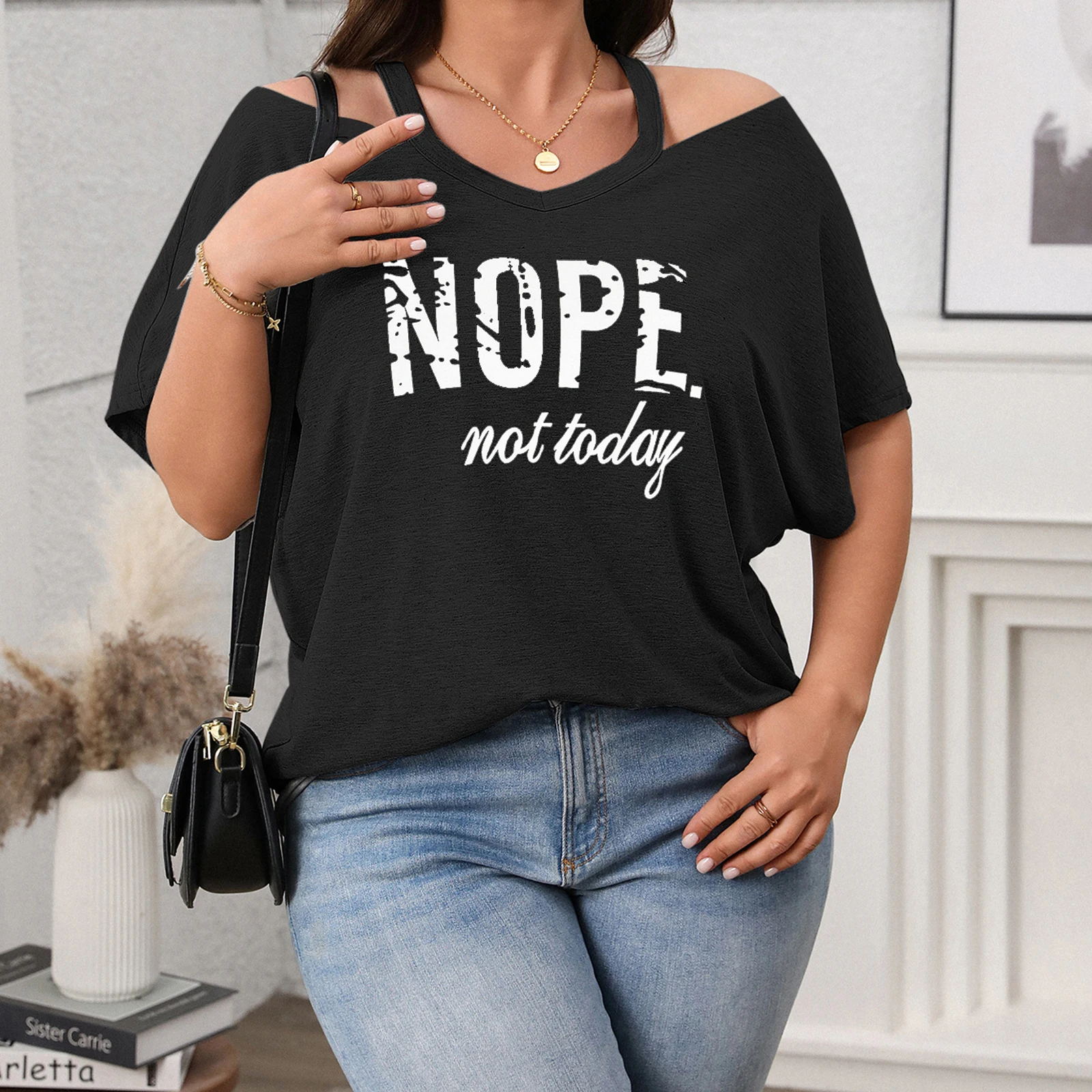

Women Plus Size T-Shirts Fashion Y2K Cold Shoulder Short Sleeve Letters Print Summer Loose Tops for Casual Daily