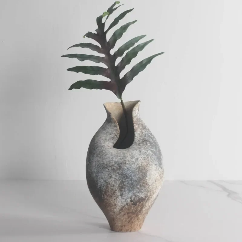 Ceramic Vase Rustic Gradient Speckled Stone Glaze Handmade Wabi Sabi Sculpture Hydroponics Vase Tabletop Dried Flower Decor