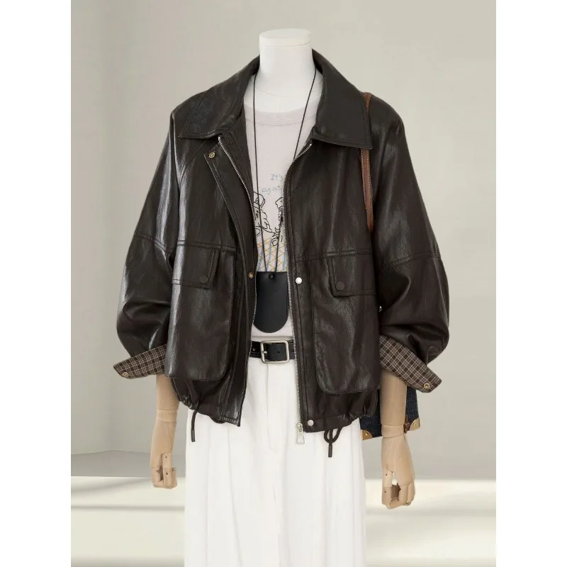 Premium Super Hot Coffee Leather Jacket Women's Cool Sa Wind 2026 Spring New Small Pu Leather Motorcycle Jacket Street Hipster
