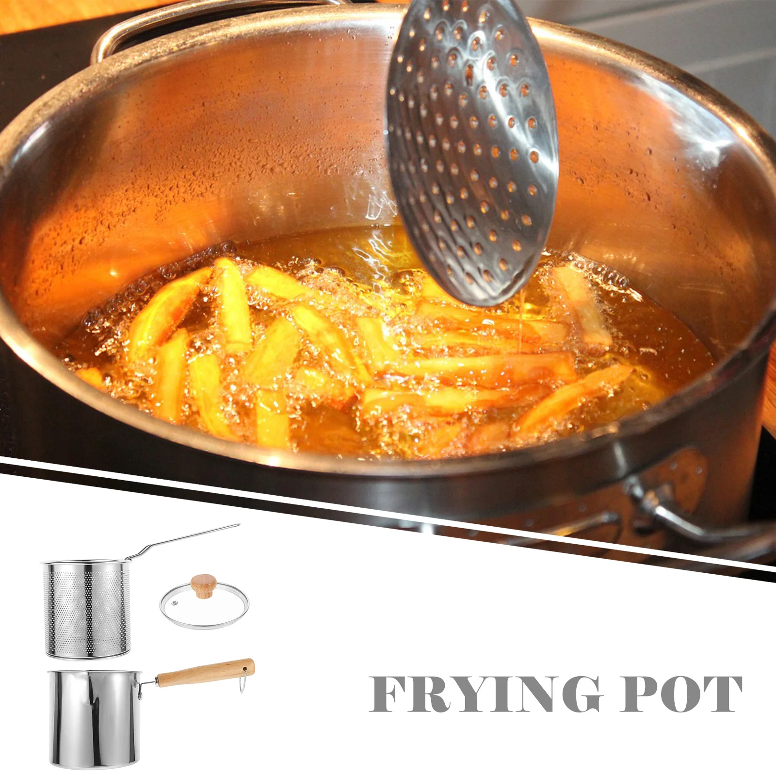 

Small Fryer 304 Stainless Steel Oil Pan Mini Frying Pot Basket Heat Resistant Glass Cover Cookware Set Home Use Tempura