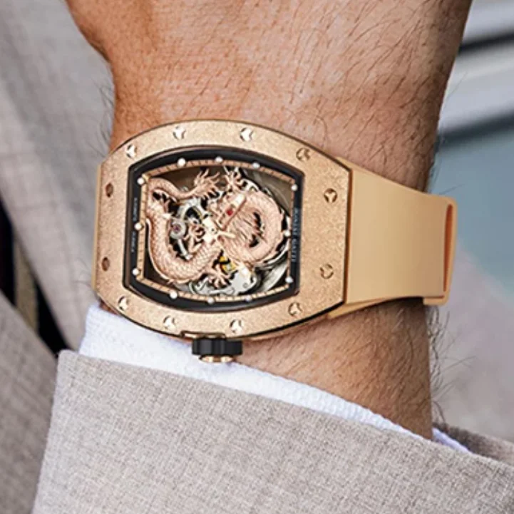 BONEST GATTI Men Automatic Watch 43mm Tonneau Mechanical Wristwatch Sapphire Mirror Luminous Skeleton Dragon Dial FKM Strap