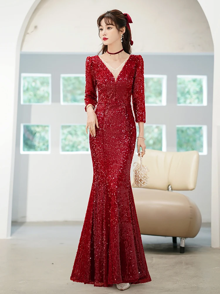 

Red Evening Gown Women's Ball Dr Host New Year's Par 2025 New Wine Serving Dr Bride Winter Sequin Fi Tail Dr