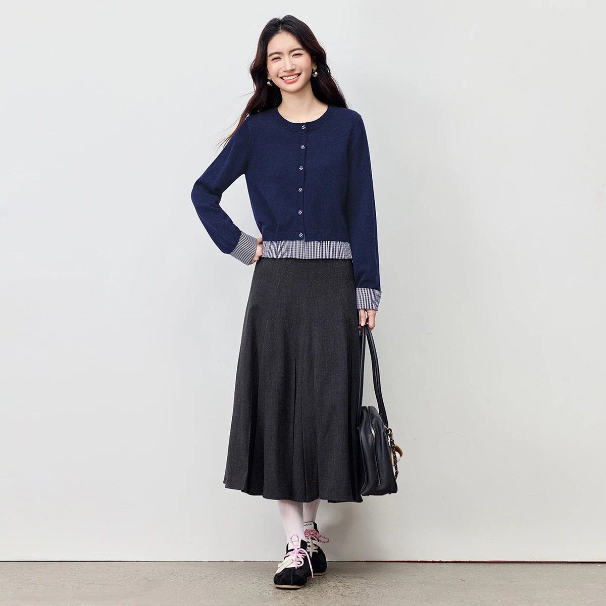 SENTUBILA Cardigan a due pezzi finto da donna 2025 Autunno O-Collo Contrasto Splicing Maglione scozzese Pendolare Casual Top in maglia W54EB4066