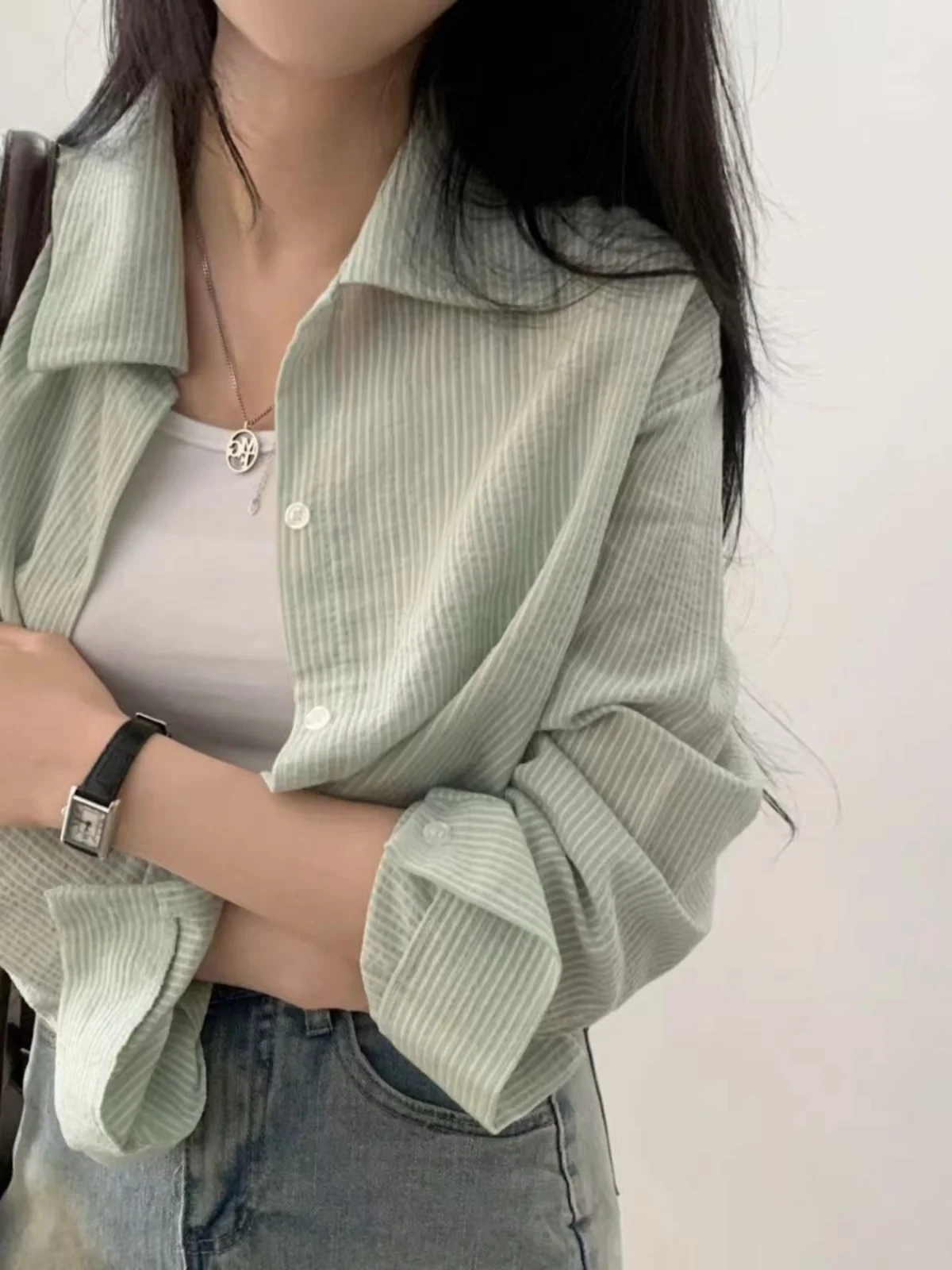 

Chic een Striped irt Design Sensation Summer New Long Sve Sun Protection Top Straight Cut ort Length Button Closure