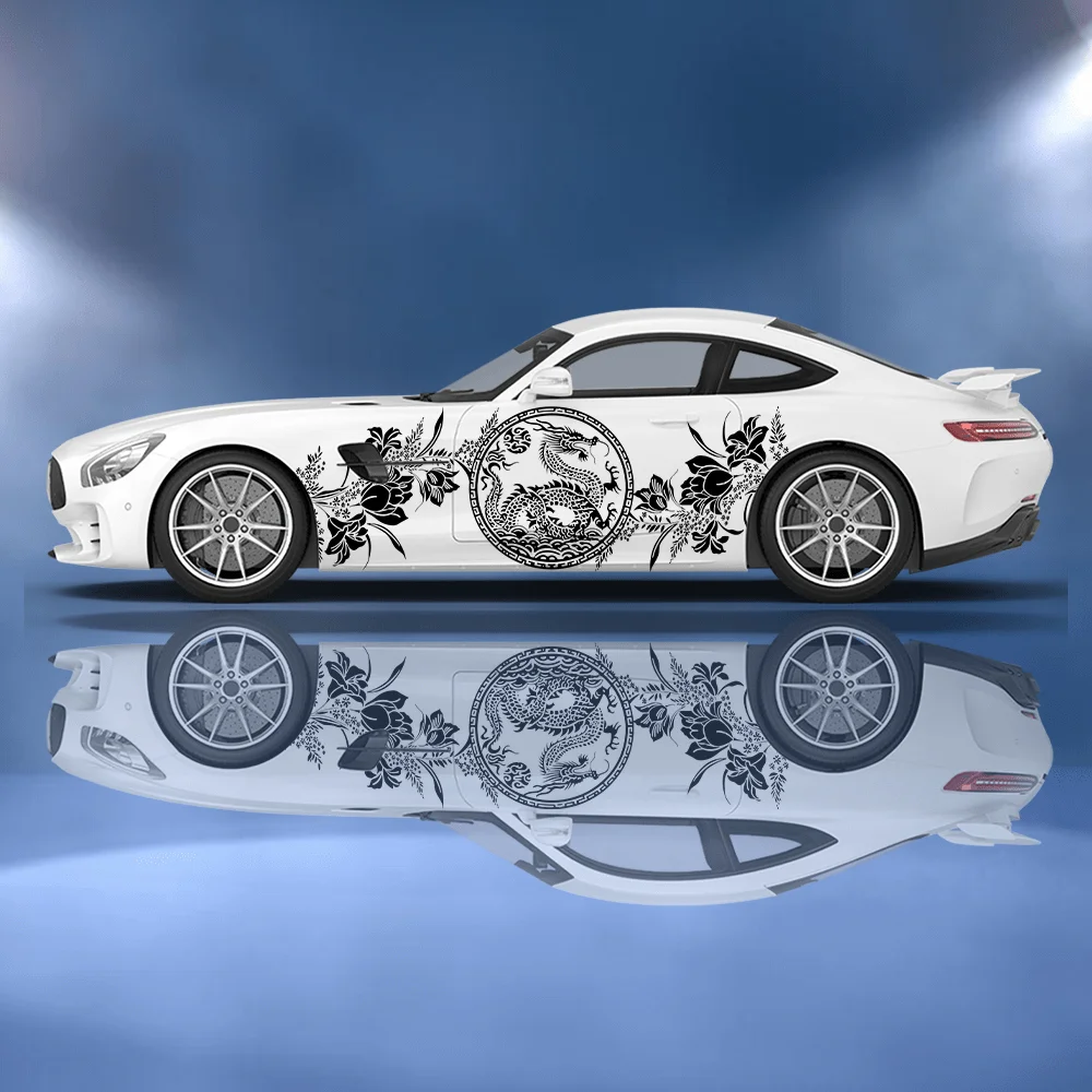 

Circular spiral lines dragon in the middle, surrounded by line flowers, full-body sticker decoration to cover scratches