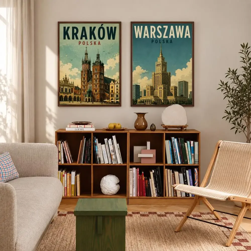 Vintage European City Art Vintage Poland City Poster Self‑Adhesive Waterproof Poster Sticker Wall Art Home Decor