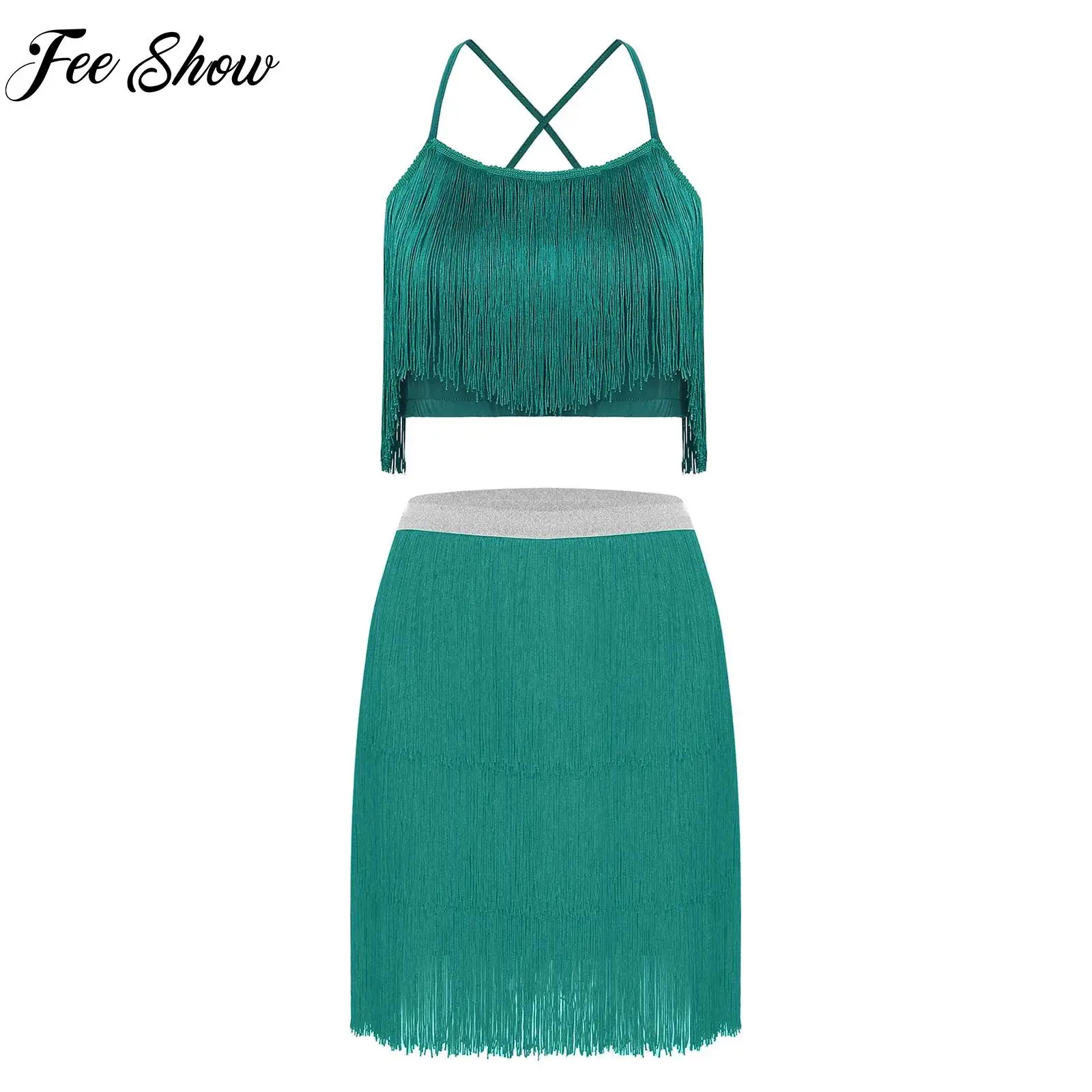 

Womens Latin Cha-Cha Dance Outfit Tango Spanish Dance Performance Competition Costume Sleeveless Spaghetti Straps Crop Top+Skirt