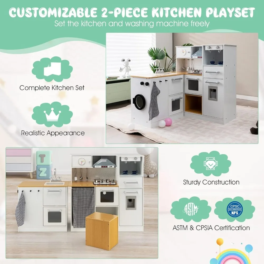 2-Piece Kids Kitchen Playset, Wooden Pretend Play Kitchen & Washing Machine Toy Set w/Realistic Light & Sound, Coffee Maker