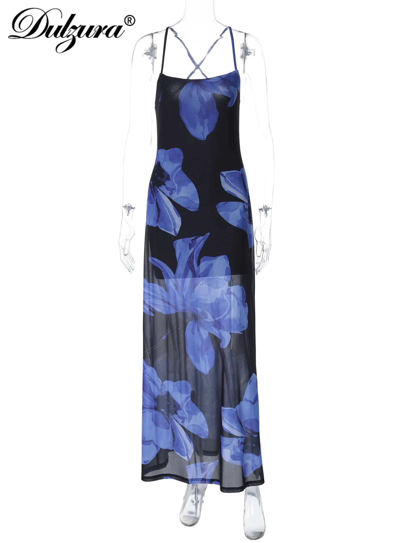 Dulzura Vestido largo sin mangas con espalda descubierta y cordones para mujer, vestido largo con estampado de malla transparente, vestido informal elegante y Sexy, ropa para fiesta y discoteca