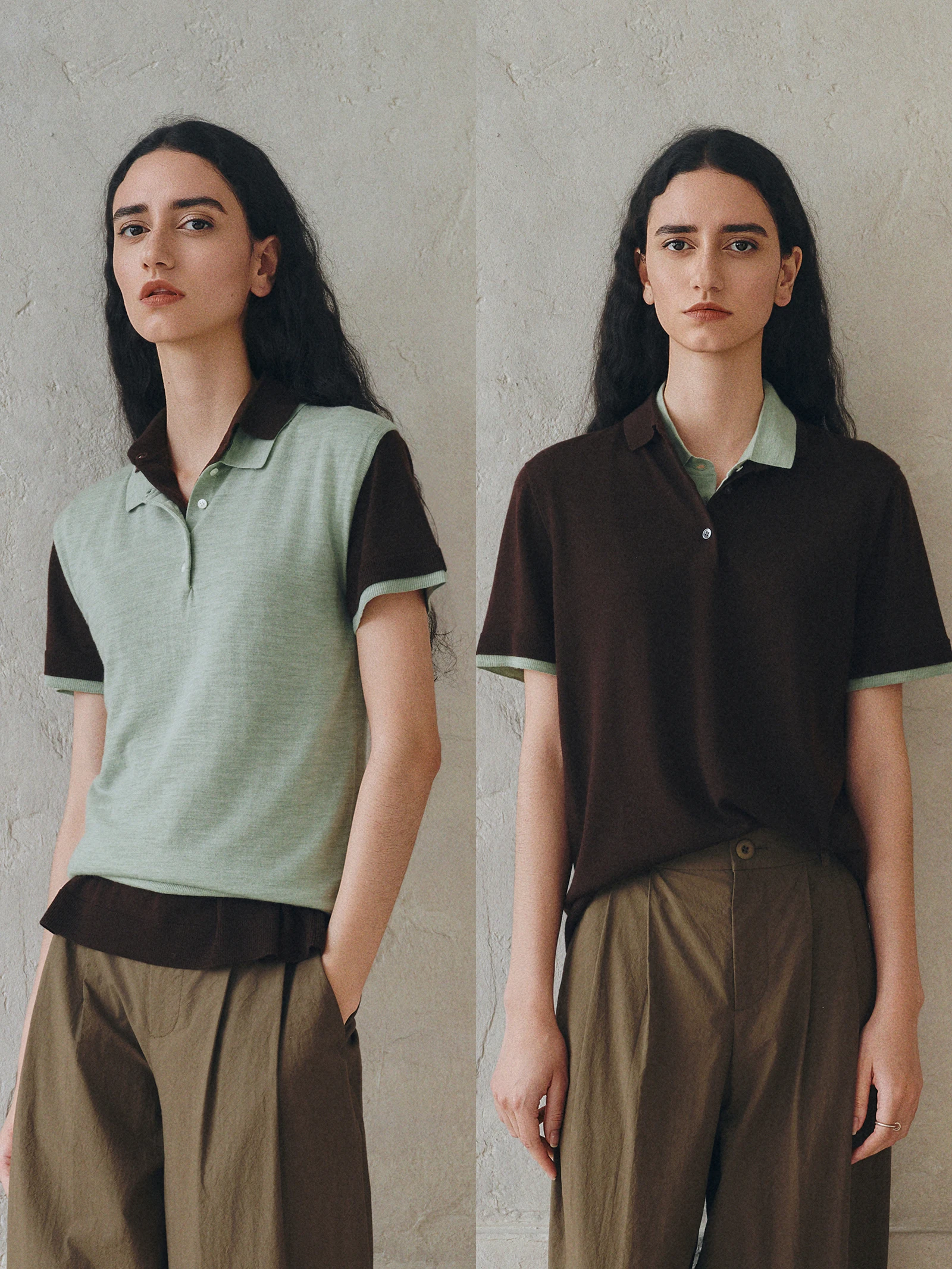 

Chong X Tone·E Matcha Beautiful Woolen Two-Piece T-Shirt Color Block Knitted Soft Regular Fit Short Sleeve Top