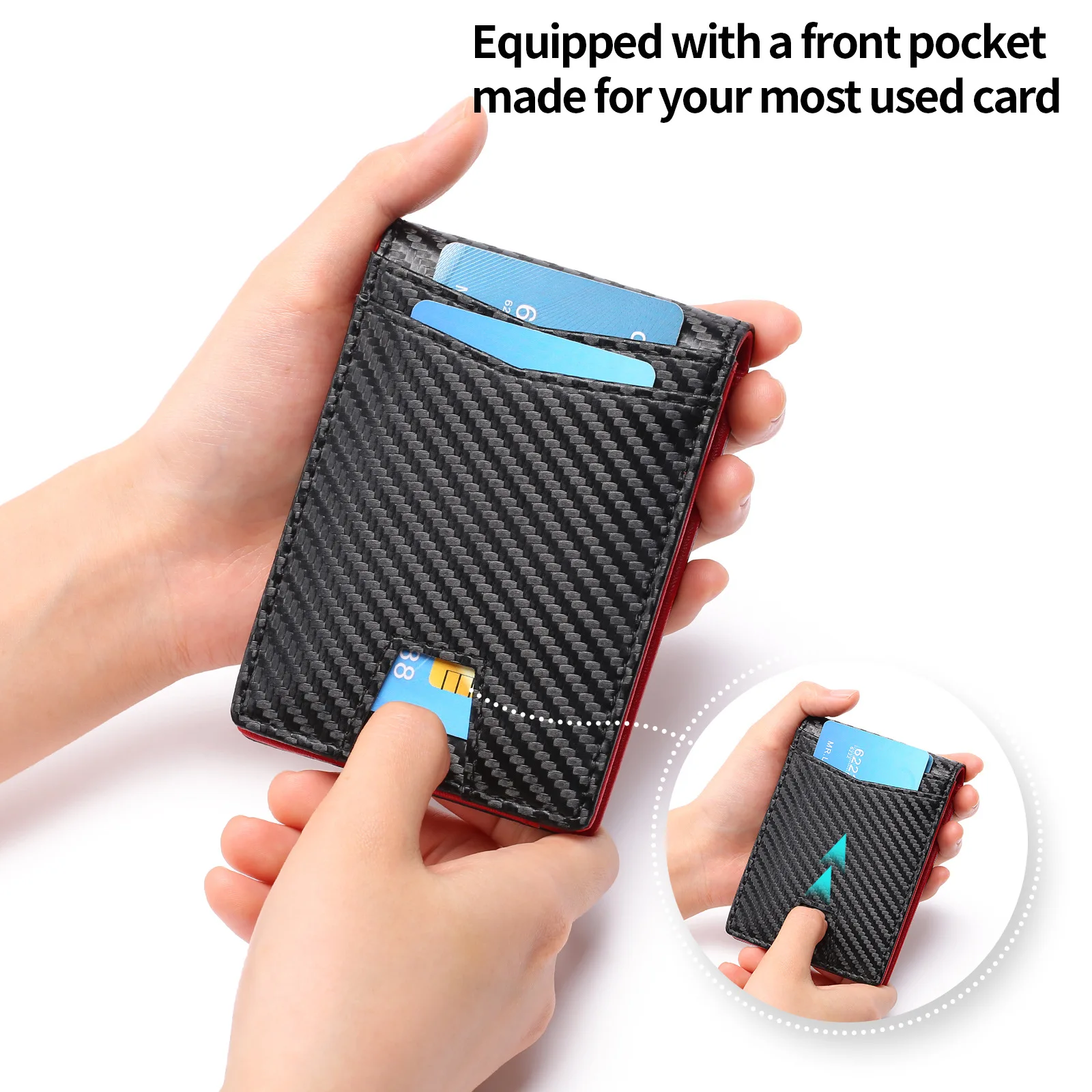 男性用カーボンファイバー財布、RFIDブロッキング機能付きマネークリップ財布、短い合成皮革IDクレジットカードホルダーケース、ミニマリスト