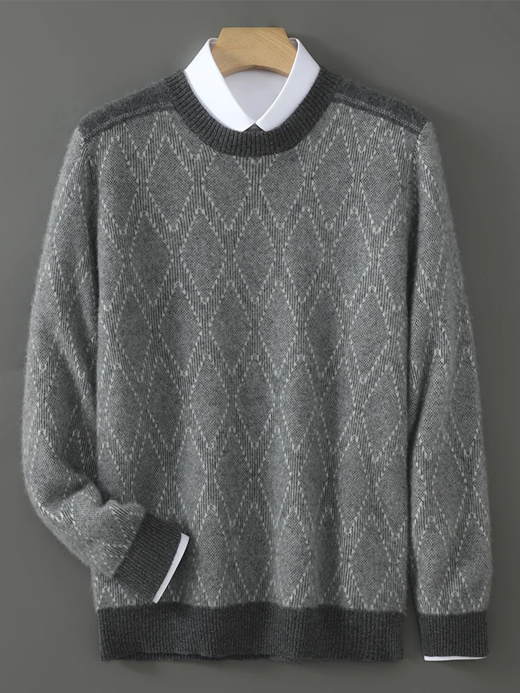 

Men 100% Merino Wool O-neck Business Colo Blocking Sweater Jacquard Geometry Pulloveer Knitted Cashmere Clothing Autumn Winter