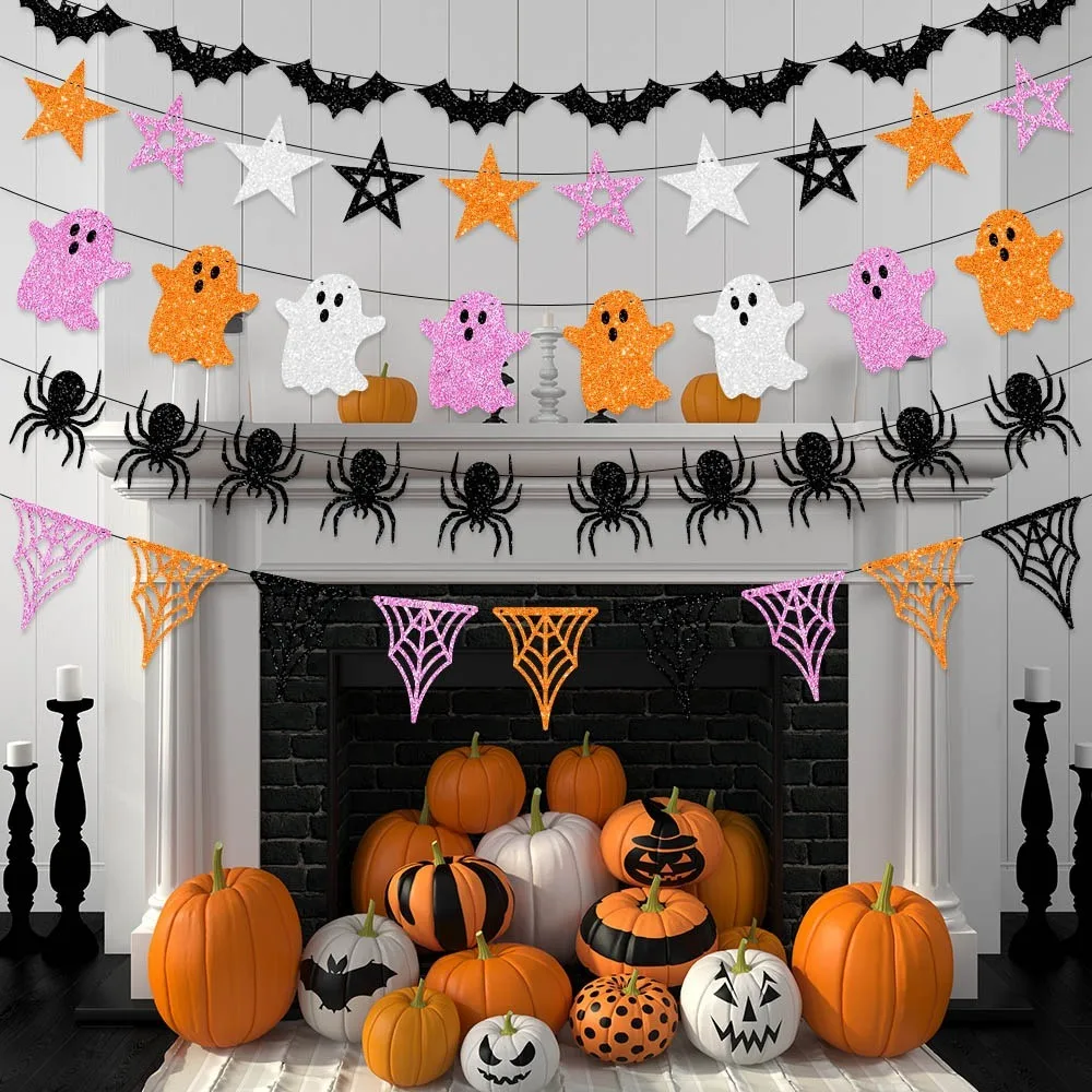 Halloween Party Decoration Banner Ghost Festival Atmosphere Decor Ghost Spider Flower Bat Banner Happy Halloween Day Garlands