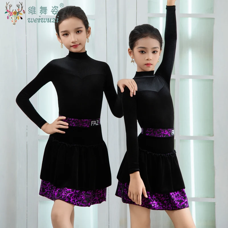 Crianças veludo vestidos latinos ginástica dancewear competição dança traje cha cha vestido de dança prática roupas topos saia