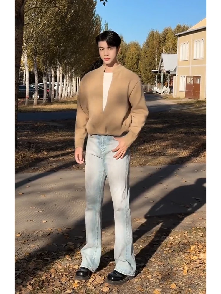 

Мужские джинсы Cleanfit светло-голубые, слегка расклешенные, в стиле High Street, приталенные, прямые, с высокой талией, джинсовые брюки-трубы