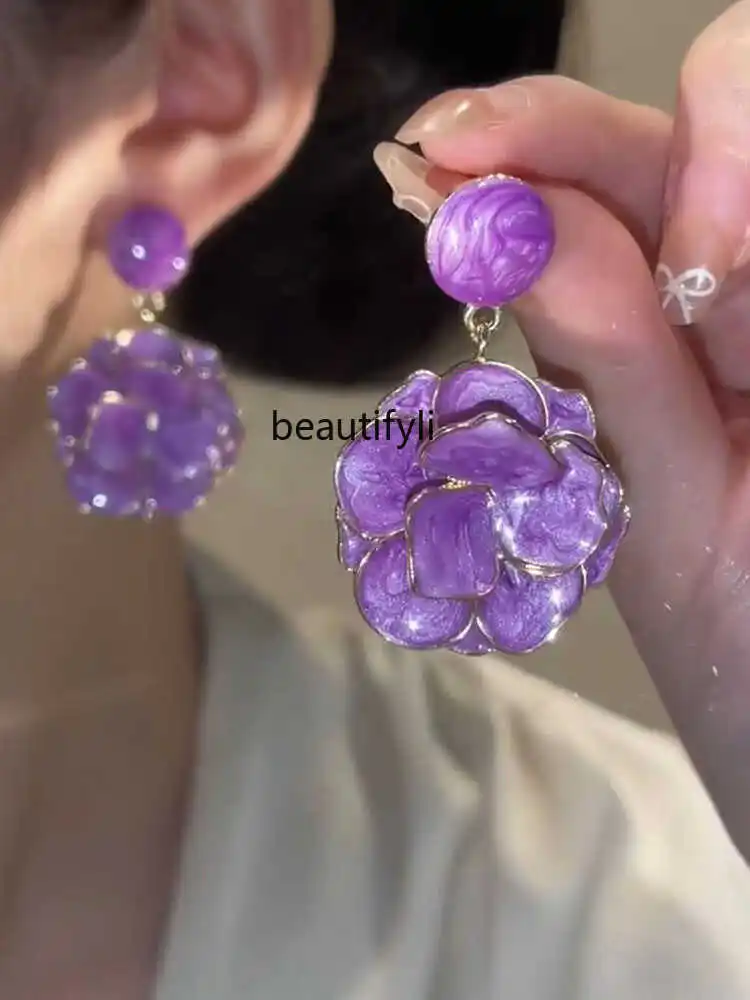 New niche design sterling silver needle earrings light luxury high-end purple drop glaze flower stud earrings