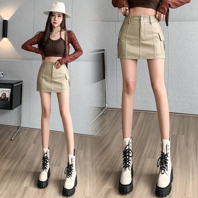 Black Buttocks Wrapped Small Leather Skirt 2024 New Autumn Winter Female High Waisted Anti Glare PU  Short y2k clothes N17