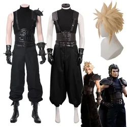 (In magazzino) Cloud Strife Cosplay Costume da bavero parrucca uniforme gioco finale Cos Fantasy tuta nera vestiti per feste di Halloween