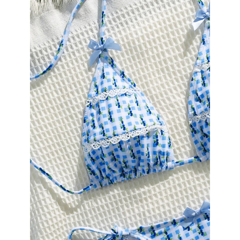 جديد لينة حقيبة مطبوعة الدانتيل تقليم القوس الديكور رقيقة حزام الرسن التعادل عارية الذراعين حزب بيكيني مجموعة