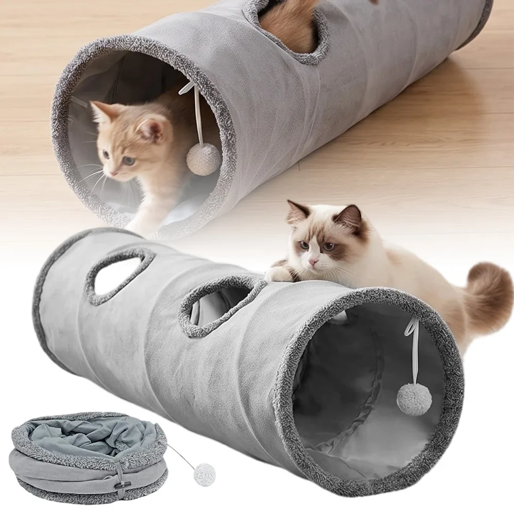 Tunnel de jeu pour animaux de compagnie avec 2 ouvertures et balles suspendues – Tube d'activité pliable et renforcé pour chats, lapins et petits chiens, idéal pour les jeux de poursuite multi-animaux, la stimulation individuelle et l'enrichissement intérieur/extérieur facile à ranger