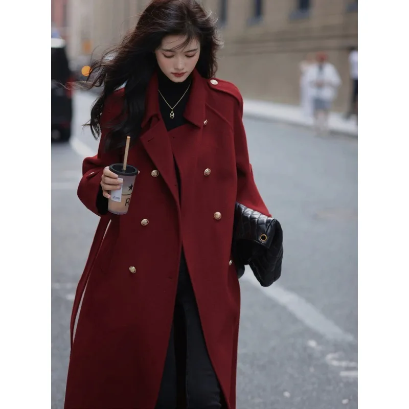 

2025 NEW Double-Sided Cashmere Coat Red Women's Shoulder Insert Loose Belted Woolen Jacket Autumn Winter