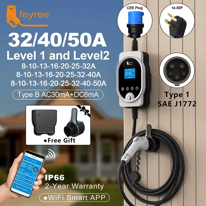 feyree EV Charger Type1 Plug 32A 40A 50A Fast Charging EVSE Wallbox for Electric Car Charging Station Adjust Current & Set Delay